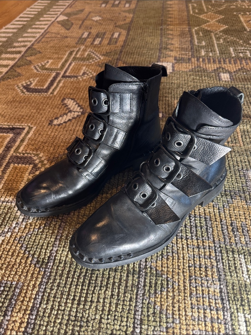 Mimmu Black Leather Strap Combat/Moto Boots